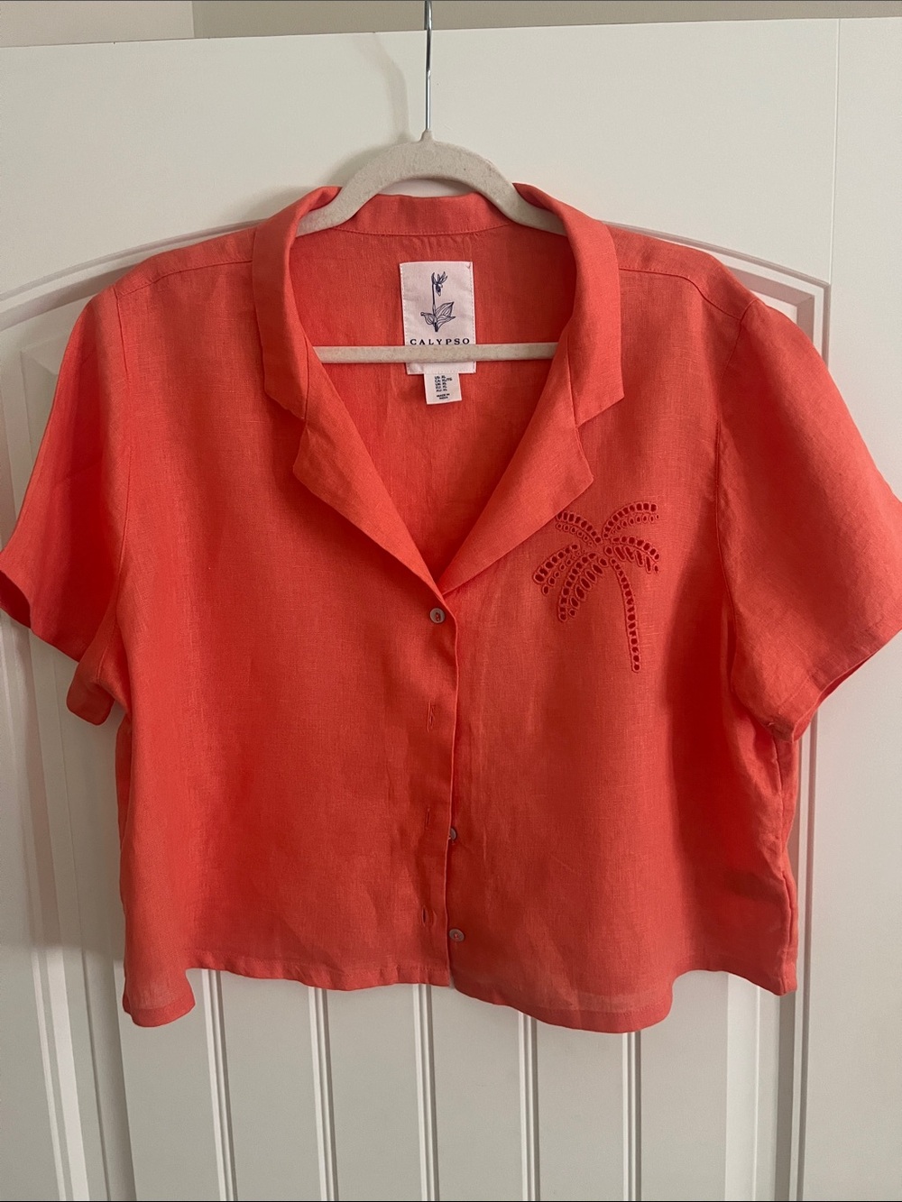 Calypso St. Barth Women’s Coral-Persimmon Orange Linen SS Palm Embroidered Shirt